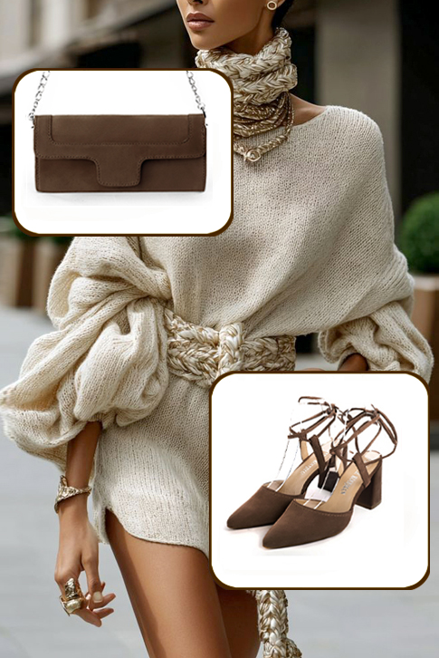 Women's chocolate brown elegant closed-toe heels, with crossed straps. Tapered toe. High flare heels - Top view